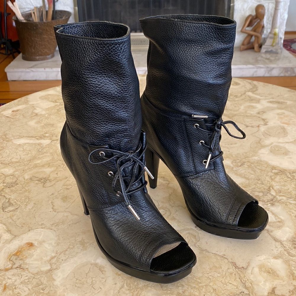 Michael Michael Kors St. Marks Peep Toe Platform Slouch Ankle Leather Boots